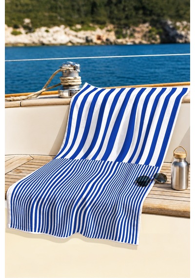Çizgili Marine Mavi Beyaz Plaj Havlusu - Minimalist Nautical Modern Hızlı Kuruyan Mikrofiber Havlu Çok Renkli