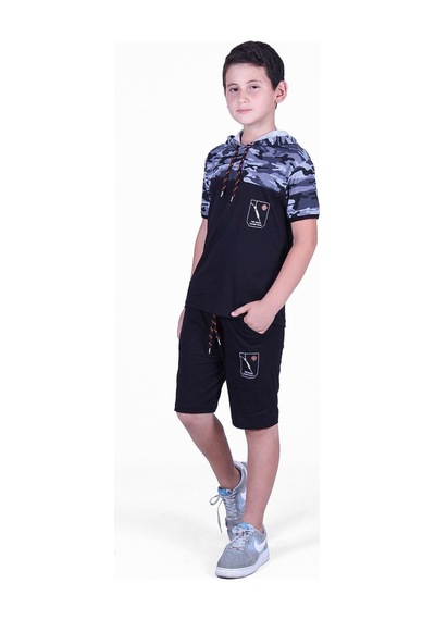 Fyk Kids Kamuflaj Desenli Kaprili, Sweatshirt Lü Erkek Çocuk Alt Üst Takım Gri