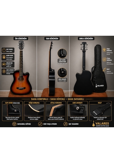 Valares 38c Kesik Kasa Sap Ayarlı Akustik Gitar 38 4/4 Full Aksesuar Hediyeli Sunburst Suhr Burst