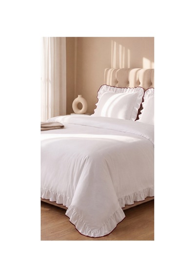 %100 Pamuk Overloklu Fırfırlı Çift Kişilik Nevresim Takımı Lastikli Çarşaflı 200x220 Cm Bordo - 904804703 Bordo