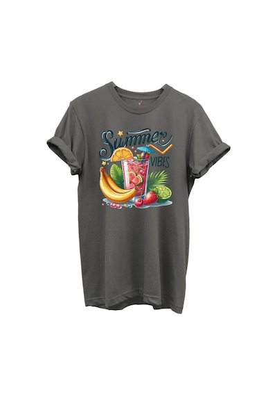 Summer Vibes Yazılı Meyve Kokteyli Ve Tropik Desenli %100 Pamuk Regular Fit Unisex T-shirt Gri