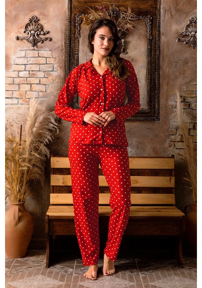 Nisanca Kışlık Düğmeli Ekose Desen Yılbaşı Temalı Kadın Süet Pijama Takımı Kırmızı