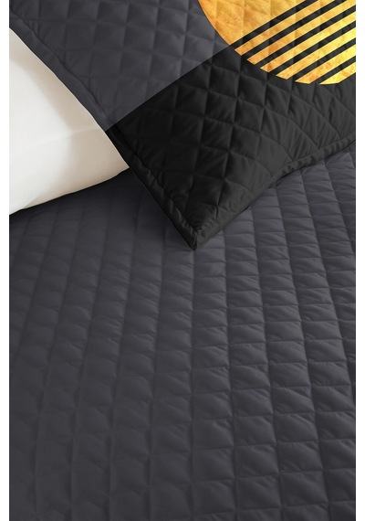 Siyah Gold Geometrik Genç Odası Tek Kişilik Pike Takımı - Antrasit Sarı 160x220 Cm Yatak Örtüsü Naif Akşam Fısıltısı