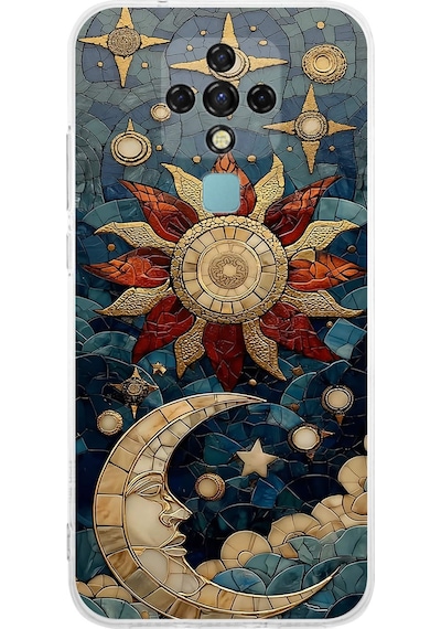 Printify Tecno Camon 16 İle Uyumlu Vitray Sol Ve Luna Tasarımlı Şeffaf Silikon Kılıf Şeffaf