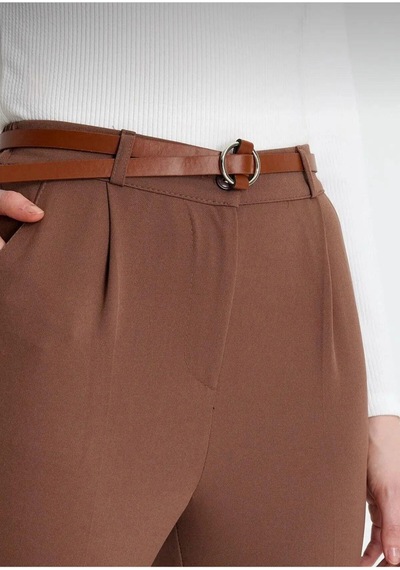 Ribana Dar Paça Pileli Kemerli Mevsimlik Kumaş Kadın Pantolon Kahverengi
