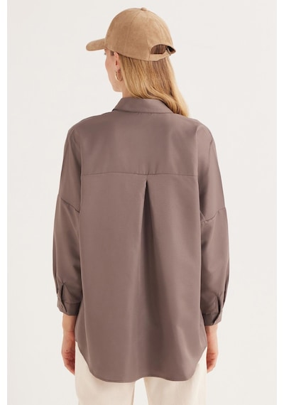 Tudors Kadın Oversize Rahat Kesim Spor Yaka Uzun Kollu Basic Düz Vizon Gömlek-36880 Gri