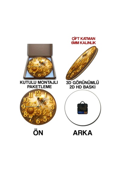 Zamana Doğanın Kanatlarıyla Dokunun Ayçiçeği Ve Arı Temalı Ahşap Duvar Saati, Kuvars Sdw2011 Renkli