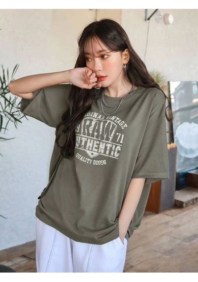 Flood Of Style Kadın Haki Yeşil Original Vintage Raw Baskılı Oversize Bisiklet Yaka Tshirt