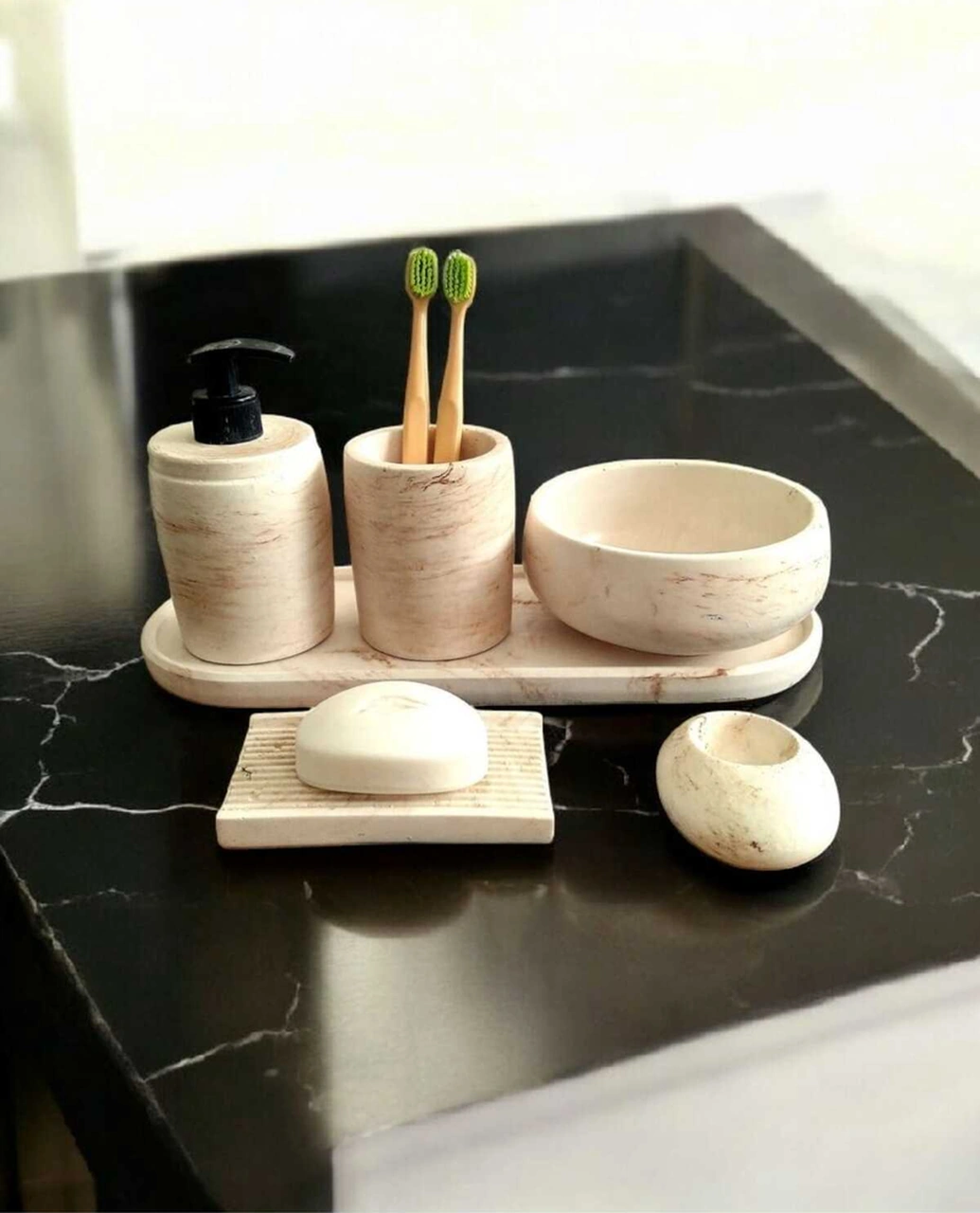 Bej Marble Serisi 6'lı Banyo Seti, Sıvı Sabunluk Diş Fırçalığı Beton Aksesuar Takımı Bej