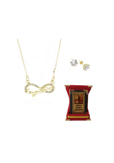 Altın Kaplama Sevgilim Yazılı Kolye Küpe - Plaket Ps0677 Kırmızı