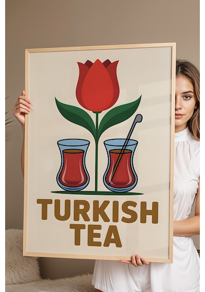 Türk Çayı Tablo - İnce Belli Bardak Retro Mutfak Posteri - Geleneksel İçecek Duvar Dekoru Kayın