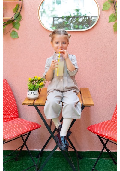 Oliven The Kid Oliventhekid Yakalı Pileli Kız Çocuk Tulum Bej Bej