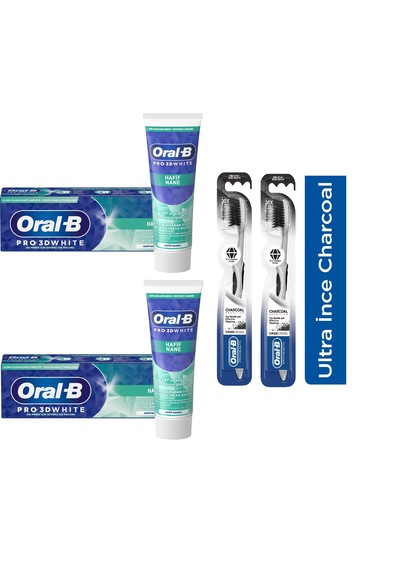 Oral-B 3D White Hafif Nane Diş Macunu 2 x 75 ML + Health Kömür Ultra İnce Diş Fırçası 2'li