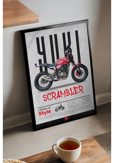 Yuki Scrambler Siyah Ahşap Çerçeveli Poster, Dekoratif Motosiklet Duvar Tablosu