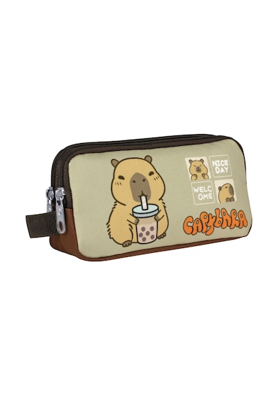 Capybara Erkek Çocuk İki Bölmeli Kalem Çantası - Kahverengi - Bej - 5202 Çok Renkli