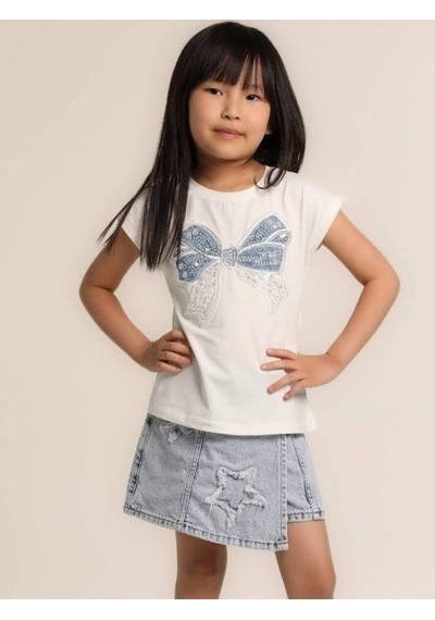 Escabel Kız Çocuk Fiyonklu İşlemeli T-shirt-15638 Beyaz
