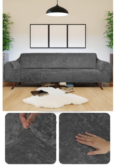 Kadife Lastikli 3 Kişilik Koltuk Örtüsü Kanepe Kılıfı Çekyat Örtüsü Kılıfı Antrasit 180 X 230 Diğer
