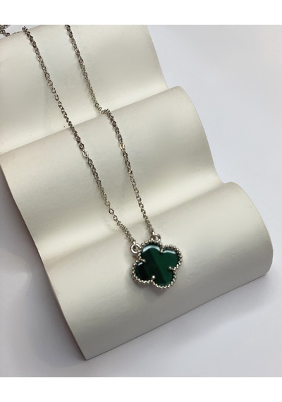 Kadın Koyu Yeşil Renk Yonca Model Çelik Kolye Silver