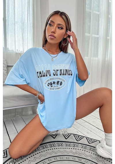 Uyguntarz Palm Springs Baskılı Oversize Unisex T-shirt Bebe Mavisi