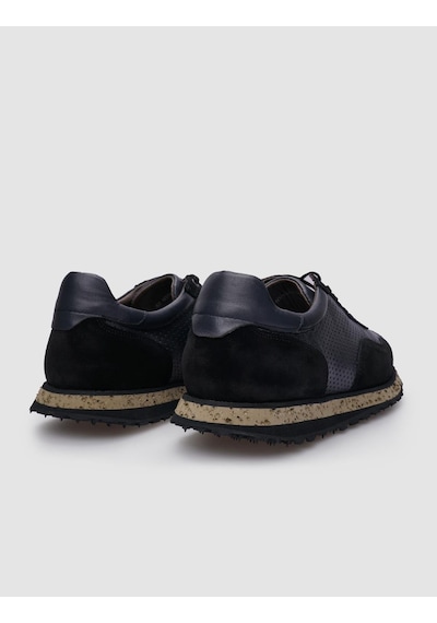 %100 Hakiki Deri Siyah Süet - Füme Bağcıklı Erkek Sneaker-siyah Siyah