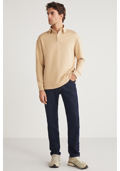 Grımelange JOHN Erkek Polo Sweat Gömlek Yakalı Arkası Uzun Yırtmaçlı Diagonel Kumaşlı Bej Sweatshirt