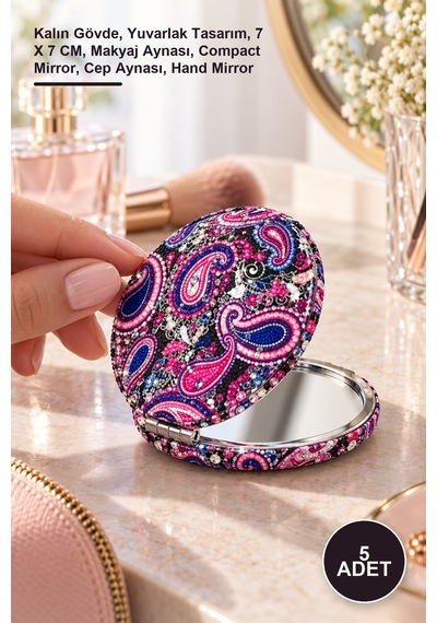 5 Adet Taşlı Yuvarlak El Aynası Kalın Gövde, Yuvarlak Tasarım, 7 X 7 Cm, Makyaj Aynası, Compact Mirror, Cep Aynası, Hand Mirror Sarı