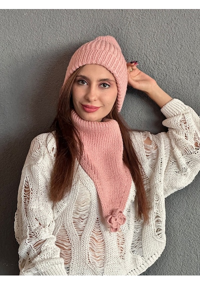 Gönülden Tasarım El Örgüsü Yumuşak Kadın Bere Boyunluk Set Pembe Açık