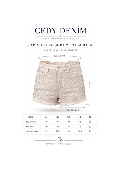 Cedy Denim Cedy Denım-kadın Normal Bel Likralı Taş Detaylı Püsküllü Denim Şort E7025 Bej