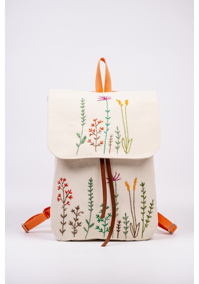 Fabric Craft Bag Sırt Çantas Kanvas Nakışlı Ayarlanabilir Krem Rengi Krem