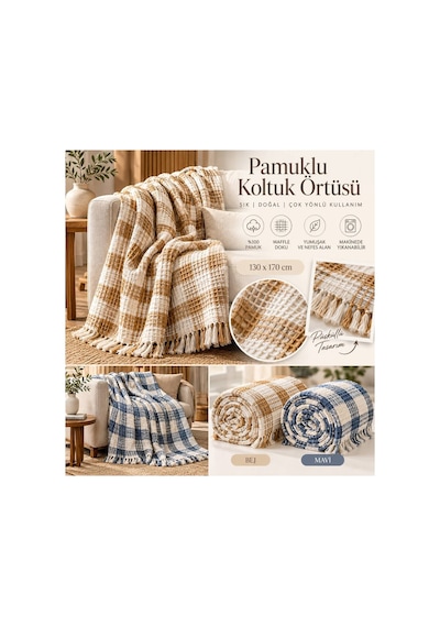 Slc Home %100 Pamuk Püsküllü Petek Dokulu Pike / Koltuk Örtüsü 130 X 170 Cm Bej - 939545563 Bej