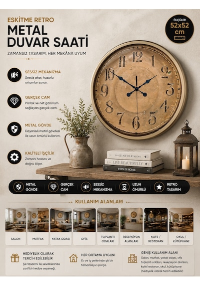 Bronz Nostalji 52 Cm Metal Eskitme Duvar Saati