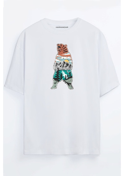 Orman Ayı Baskılı Unisex Siyah - Beyaz - Turuncu - Bej Oversize T-shirt Beyaz