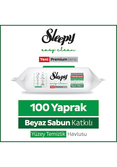 Sleepy Easy Clean Premium Beyaz Sabun Katkılı Yüzey Temizlik Havlusu Mendili 100 Yaprak