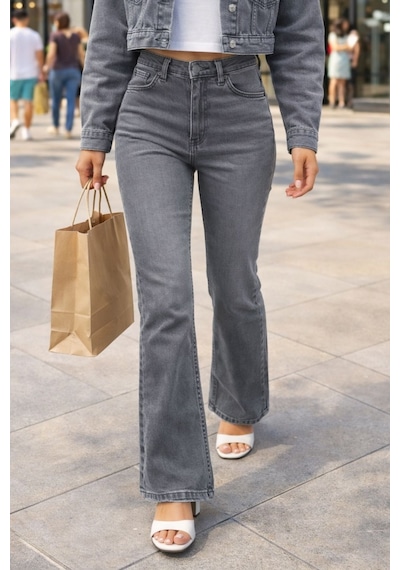 Cedy Denim Cedy Denım Yüksek Kalite Kadın 5 Cep Düşük Bel İspanyol Paça Skinnyfit Esnek Jean Pantolon C619 Açık Gri