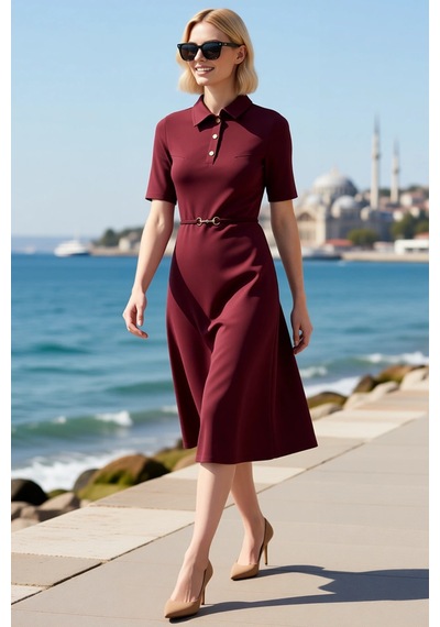 Benerly Kadın Polo Yaka Kısa Kol A Line Midi Elbise Kemerli Aksesuar Deta Bordo