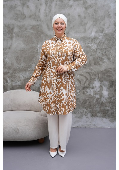 Polologin Butik Kahverengi Beyaz Renkli Uzun Tunik Kahverengi