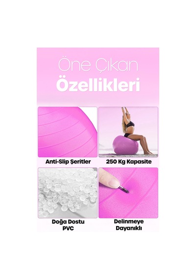65 Cm Pilates Topu Ve Pompa Seti 155-170 Cm Boy İçin Uygun Dayanıklı Anti-slip Pembe