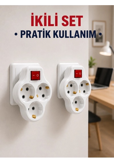 Kablosuz 3 Lü Priz Çoklayıcı Açma Kapama Anahtarlı Duvar Tipi 2 Adet Set Standart