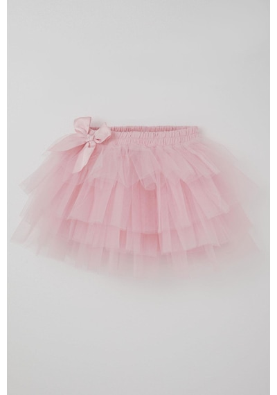 Breeze Kız Çocuk Tütü Etek Tül Detaylı Katlı Fiyonk Aksesuarlı 4-8 Yaş, Pembe Pembe