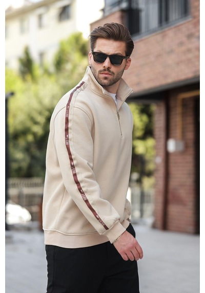 Madmext Bej Fermuarlı Yarım Balıkçı Yaka Erkek Sweatshirt E7164 Bej
