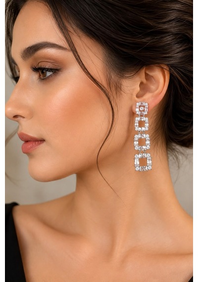 Valmont Accessories Zirkon Taşlı Geometrik Kare Sallantılı Kadın Küpe Gümüş Renk Şık Abiye Tasarım