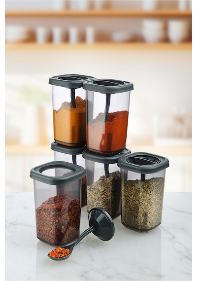 6 Lı Kendinden Kaşıklı Tuzluk & Baharatlık Seti 350 Ml. Gri