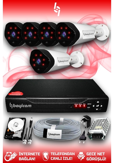 Bayicam 5 Kameralı Uzay 5 Dış Kamera Set 2 TB HDD Full HD Gece Görüşlü Güvenlik Kamerası Sistemi