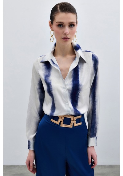 Sateen Desenli Klasik Gömlek - Saks Mavisi -136005 Saks Mavisi