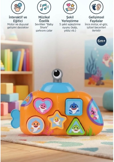 Baby Shark Melodili Şekil Yerleştirme Müzikli İşitsl Beceri Destekleyen Eğitici Bul Tak Oyuncak