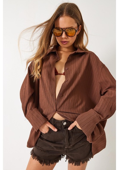 Shade Kadın Düşük Omuz Oversize Basic Bürümcük Gömlek 60392 60271069 - Kahverengi