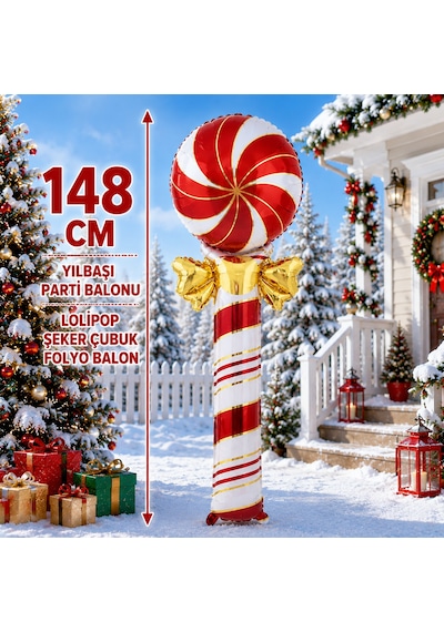 Vıp Yüksek Kalite 148 Cm Dev Fiyonklu Kırmızı Beyaz Lolipop Şeker Çubuk Folyo Balon Yılbaşı Balonu