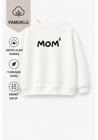 Monila Unisex Çocuk Anne Baskılı 3 İplik Kumaş Pamuklu Sweatshirt Ekru/siyah