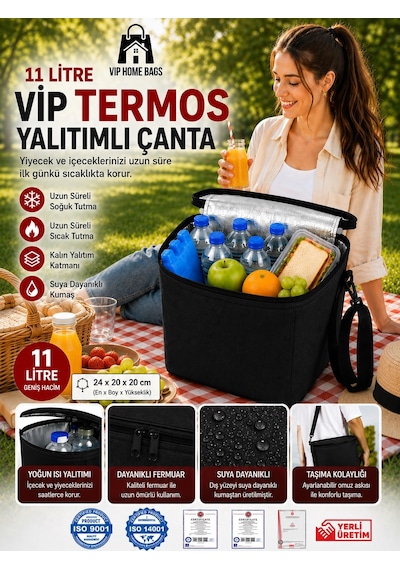 Termal Çanta Termos El Çantası Buzluk Piknik Çantası 11 Lt Soğutucu Çanta Siyah