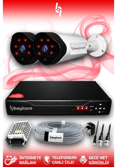 Bayicam 2 Kameralı Uzay 2 Dış Kamera Set HDD'siz Full HD Gece Görüşlü Güvenlik Kamerası Sistemi